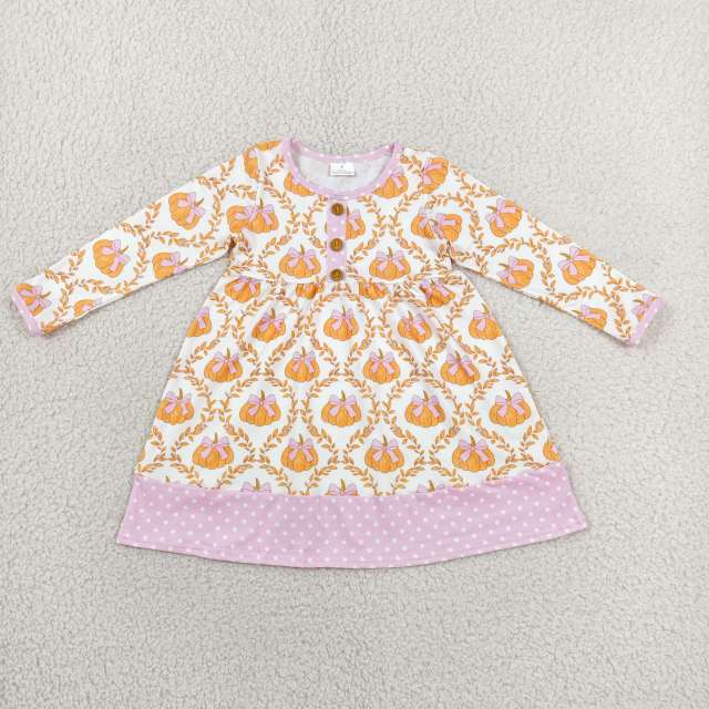 GLD1627  RTS Orange pumpkin pink polka girl fall long sleeve dress