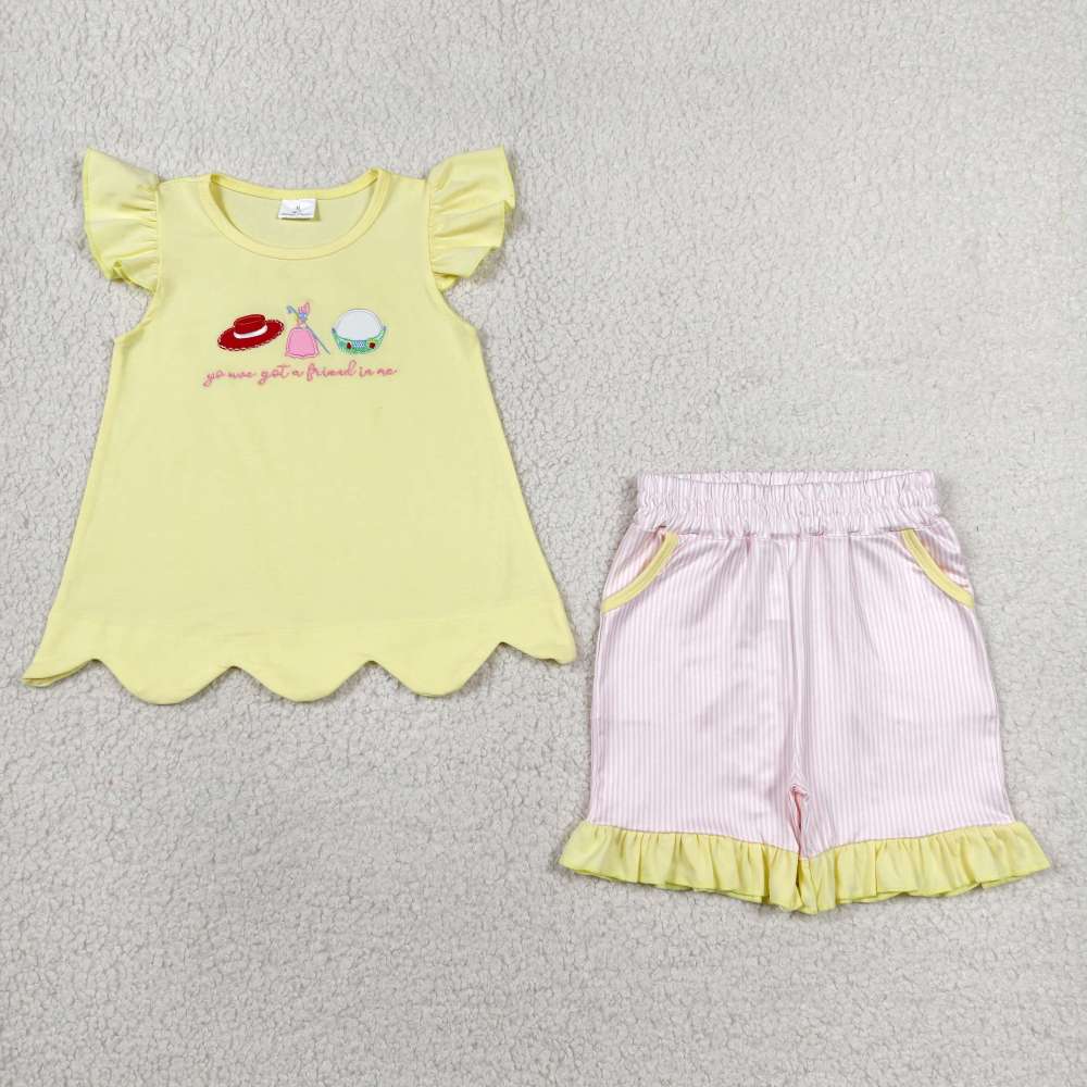 GSSO3495 yellow pattern friend Print flying sleeve girl outfits