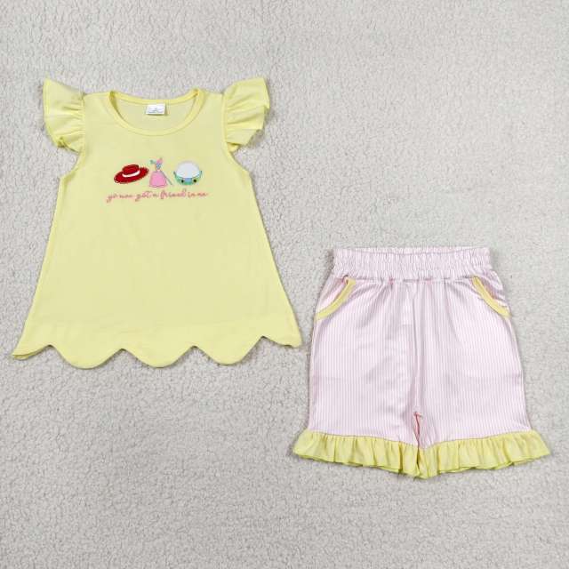 GSSO3495 yellow pattern friend Print flying sleeve girl outfits
