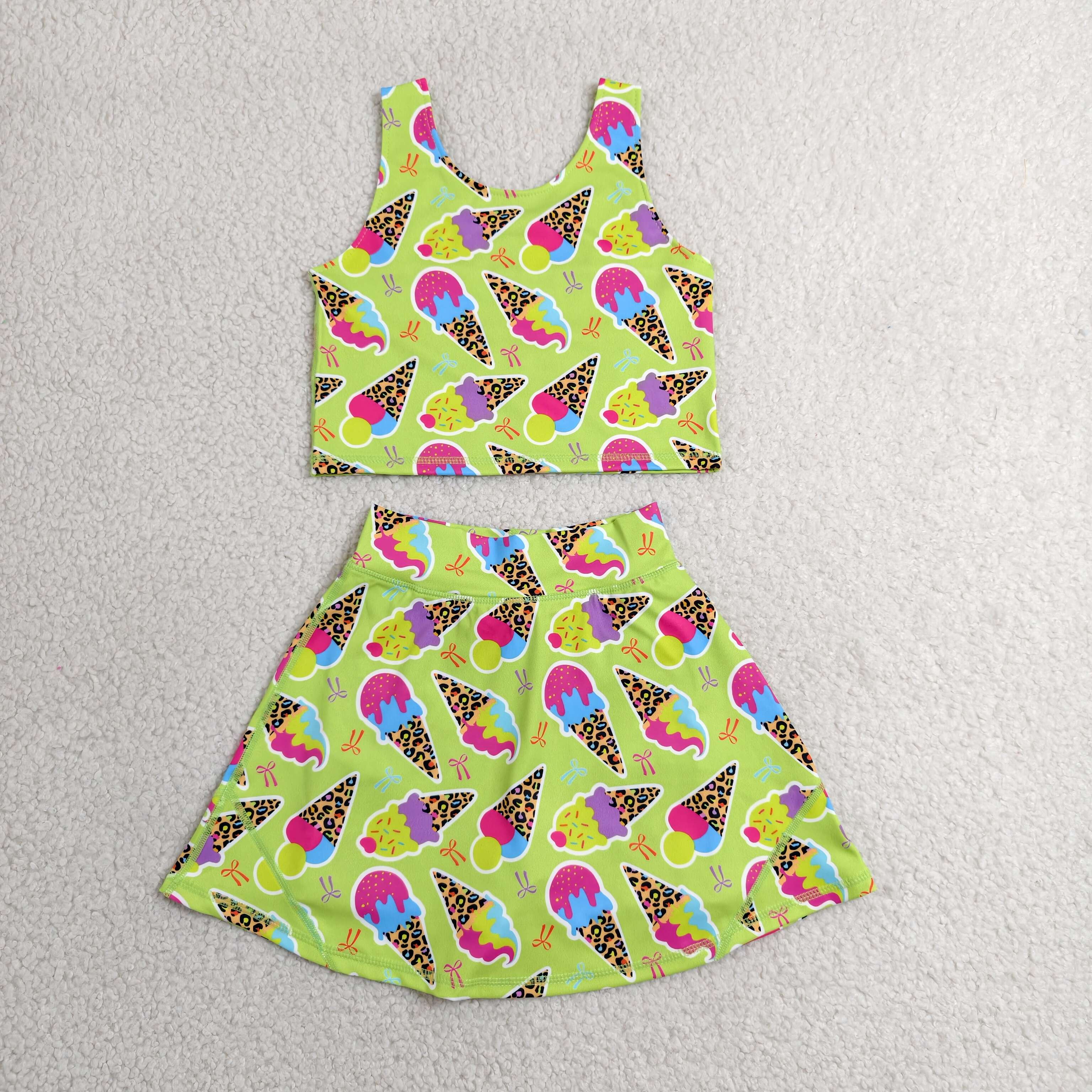 GSD2520 RTS Green ice scream print active girl yoga skirt dress