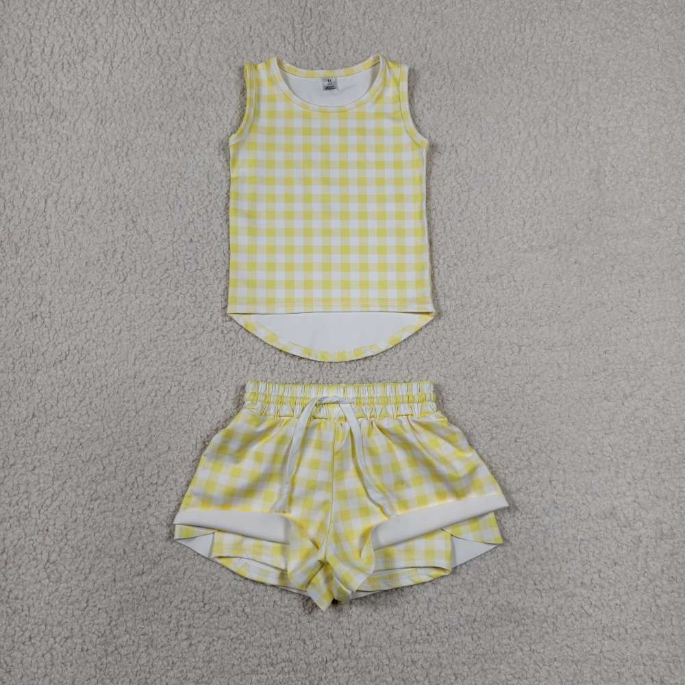 GSSO3475 RTS Yellow plaid print active girl yoga skirt dress