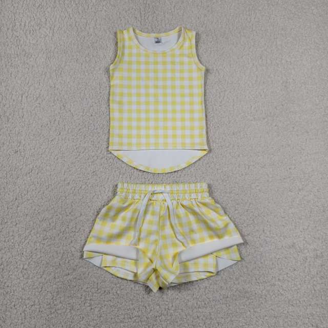 GSSO3475 RTS Yellow plaid print active girl yoga skirt dress