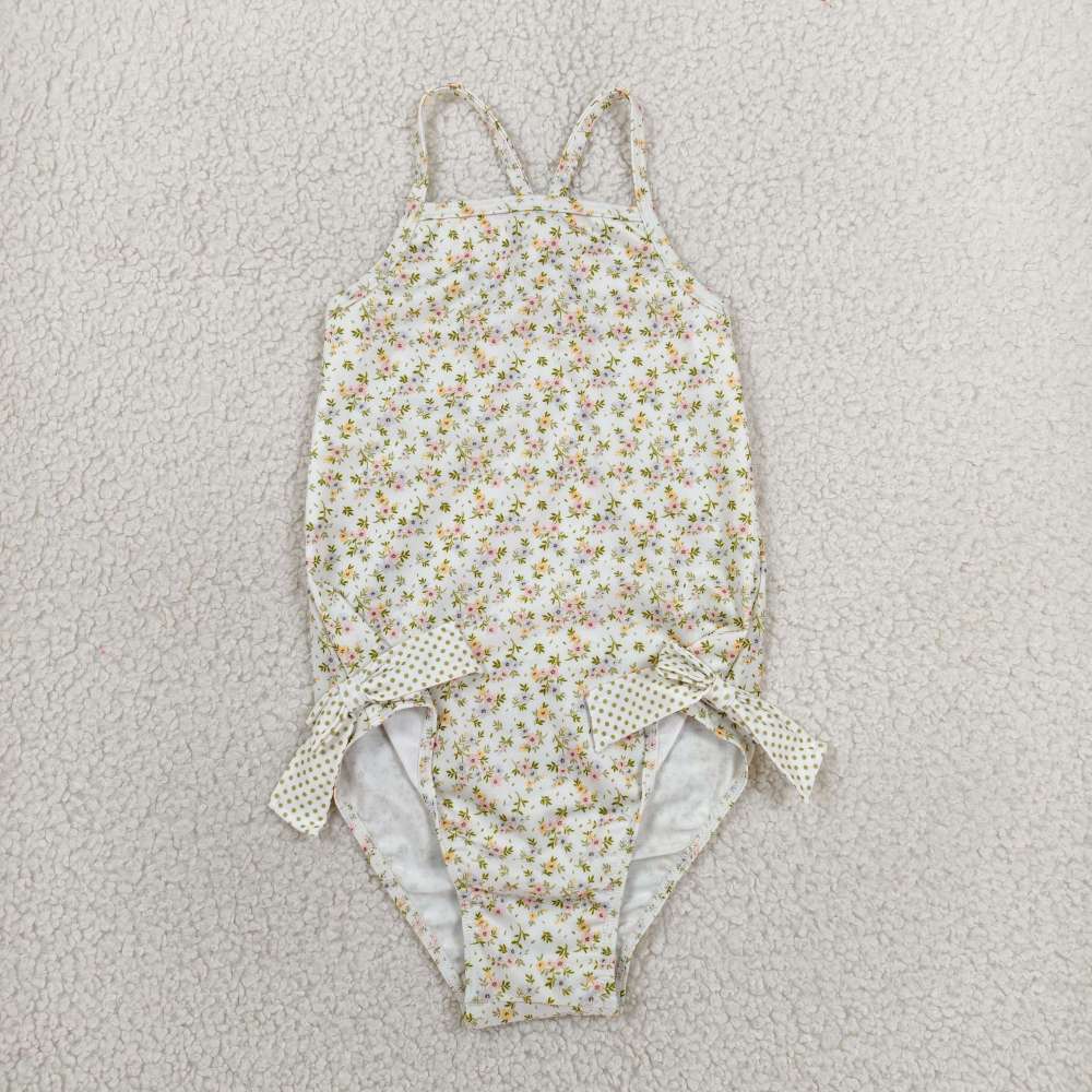 S0723  SMALL flowers print girl sleeveless Bows swimsuit