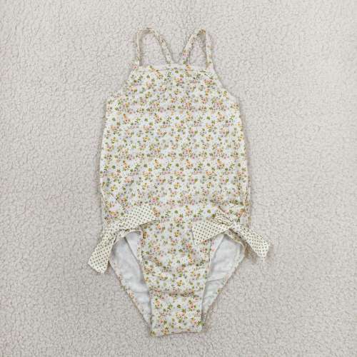 S0723  SMALL flowers print girl sleeveless Bows swimsuit