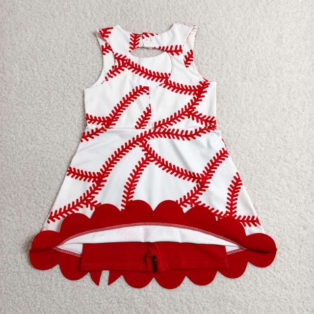 GSD3833 RTS Red baseball bows print active girl yoga dress