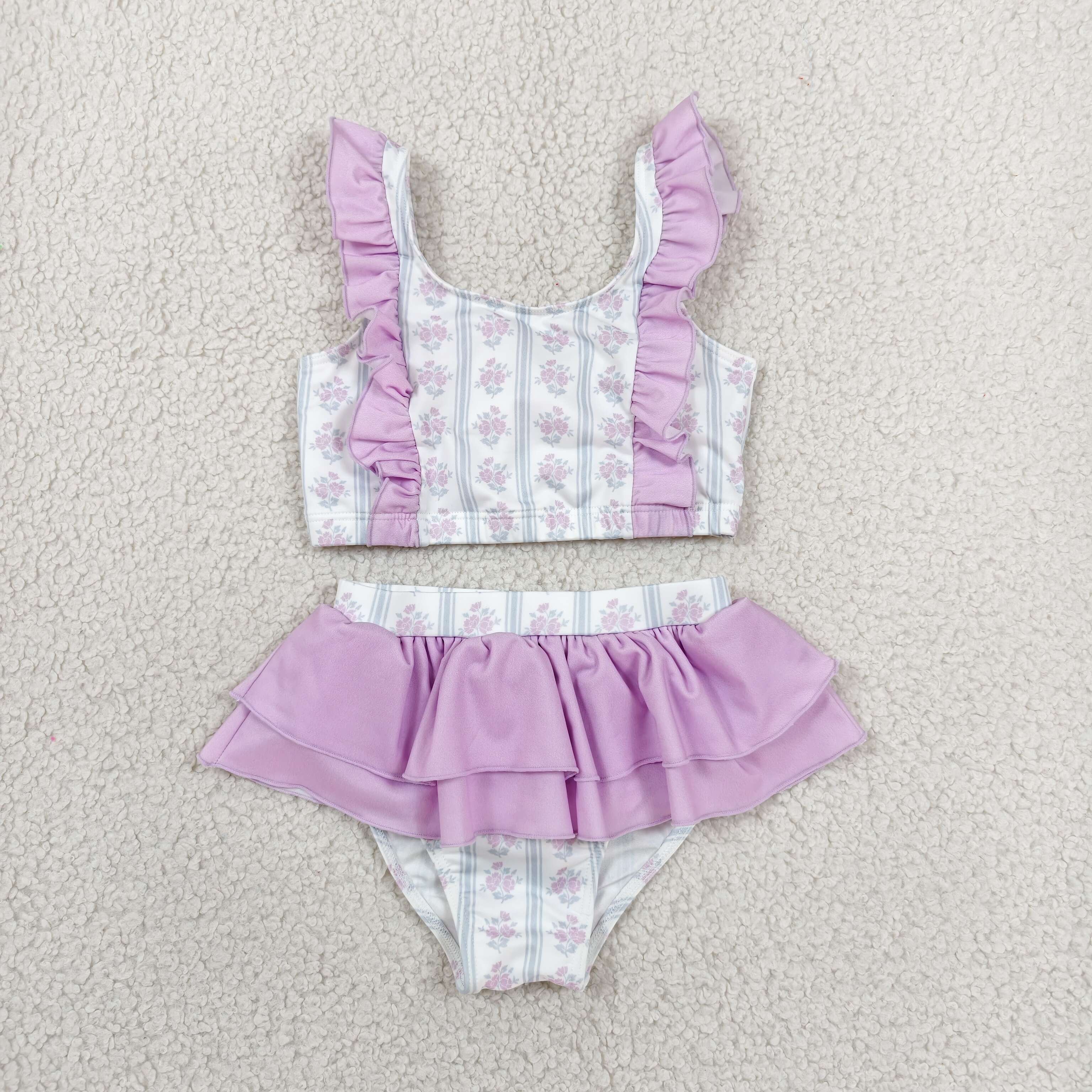 SS0038 Purple flowers bows print  sleeveless Swimwear