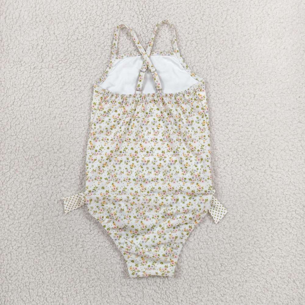 S0723  SMALL flowers print girl sleeveless Bows swimsuit