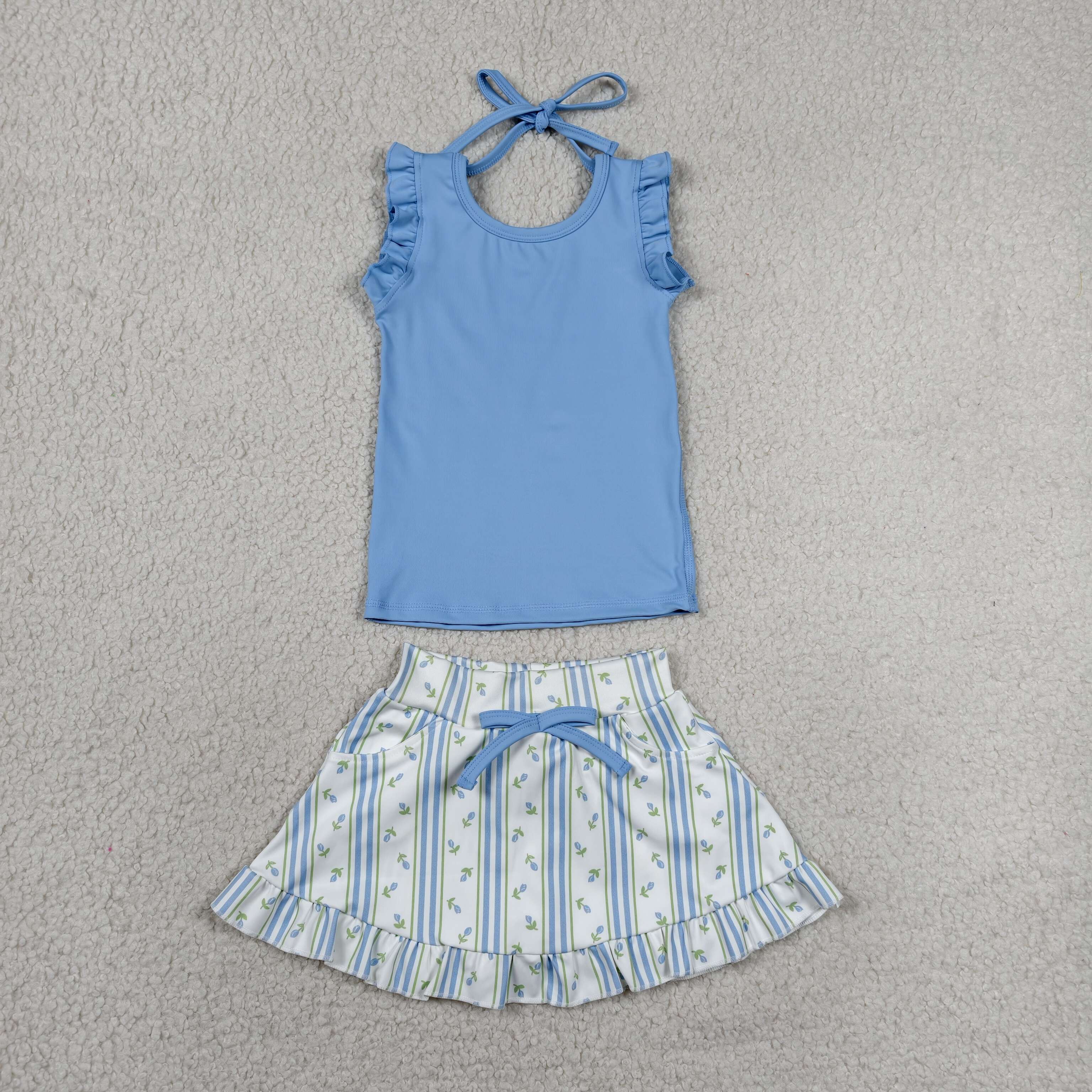 GSD3906 RTS Blue solid leaves print active girl yoga skirt dress