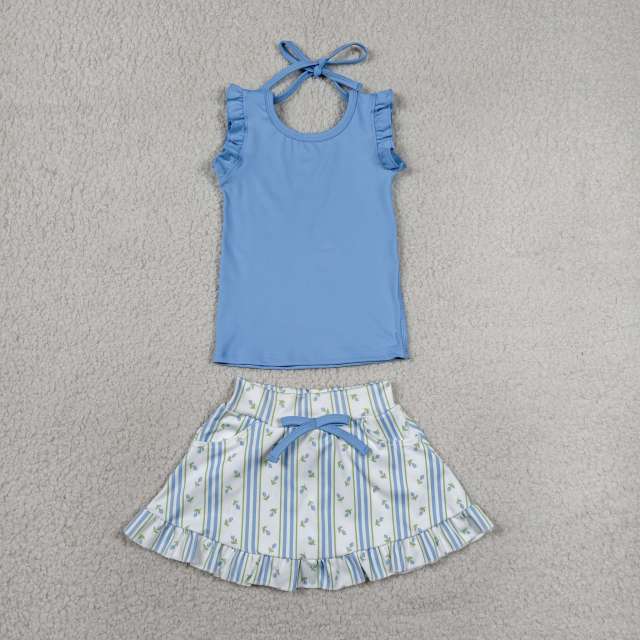 GSD3906 RTS Blue solid leaves print active girl yoga skirt dress
