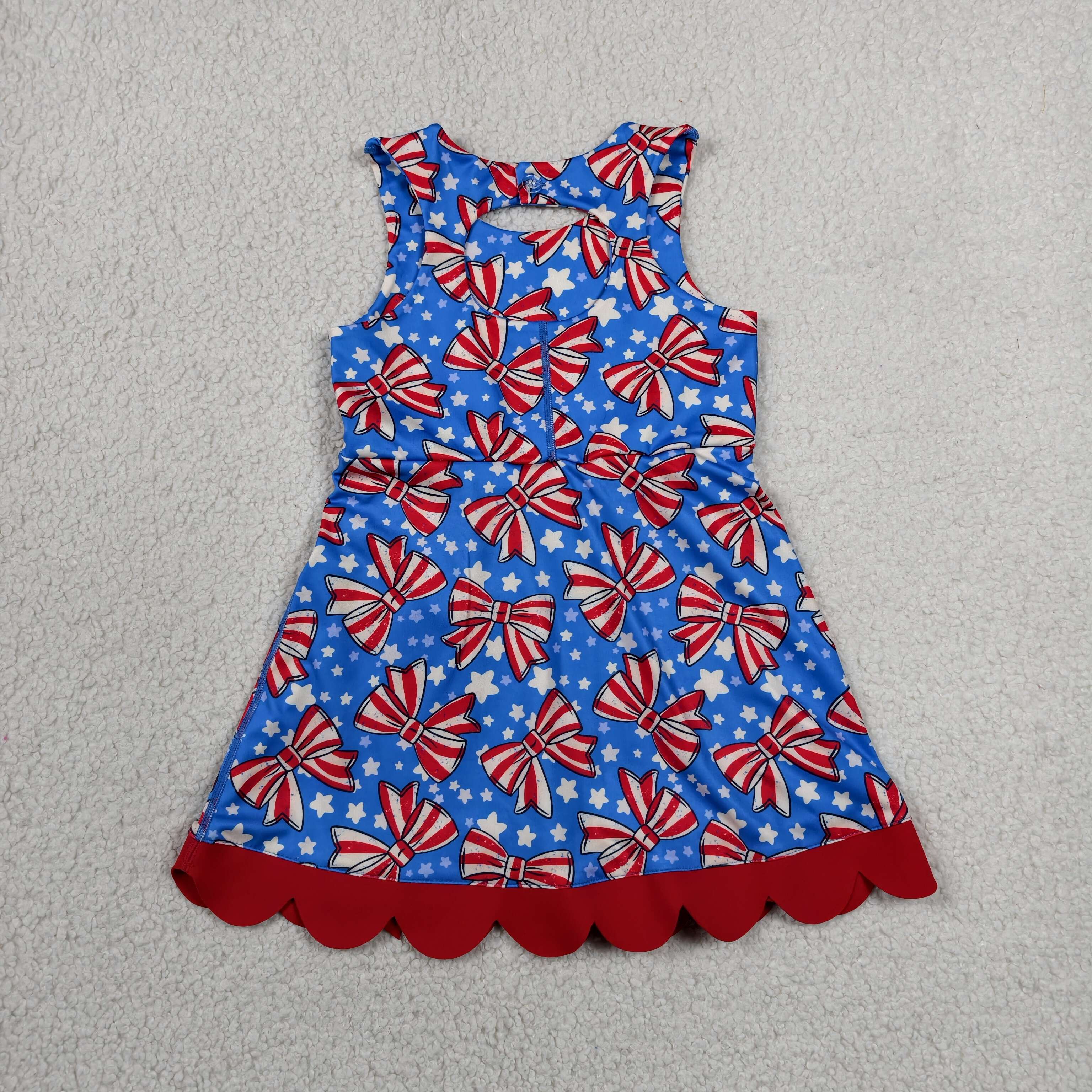 GSD3925  RTS 4th of july Red White stripe bows bows print active girl yoga dress