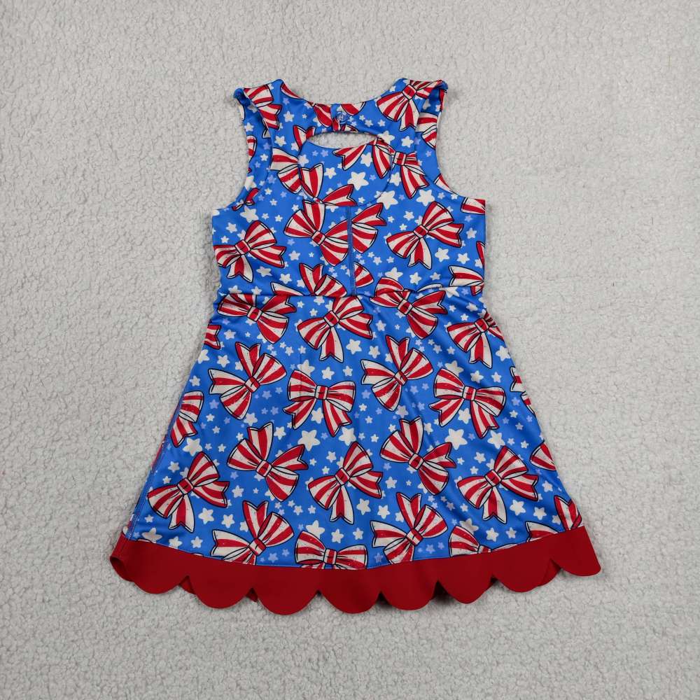 GSD3925  RTS 4th of july Red White stripe bows bows print active girl yoga dress