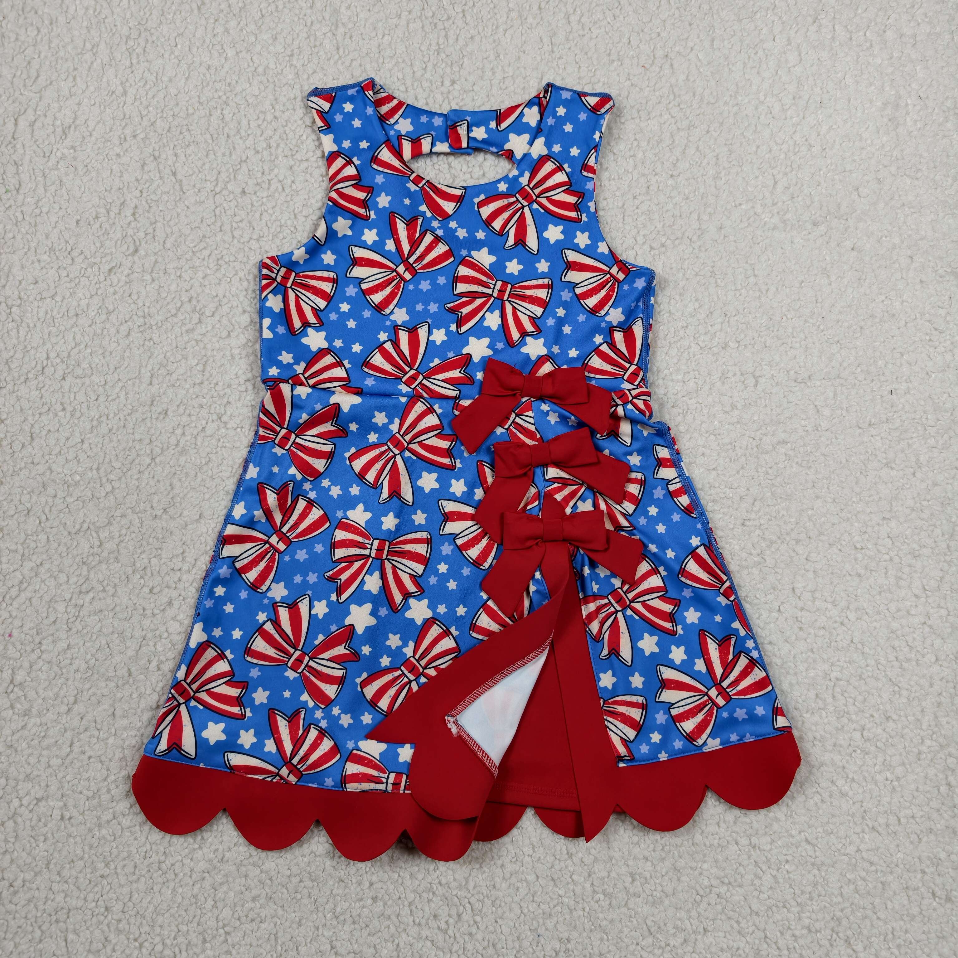 GSD3925  RTS 4th of july Red White stripe bows bows print active girl yoga dress