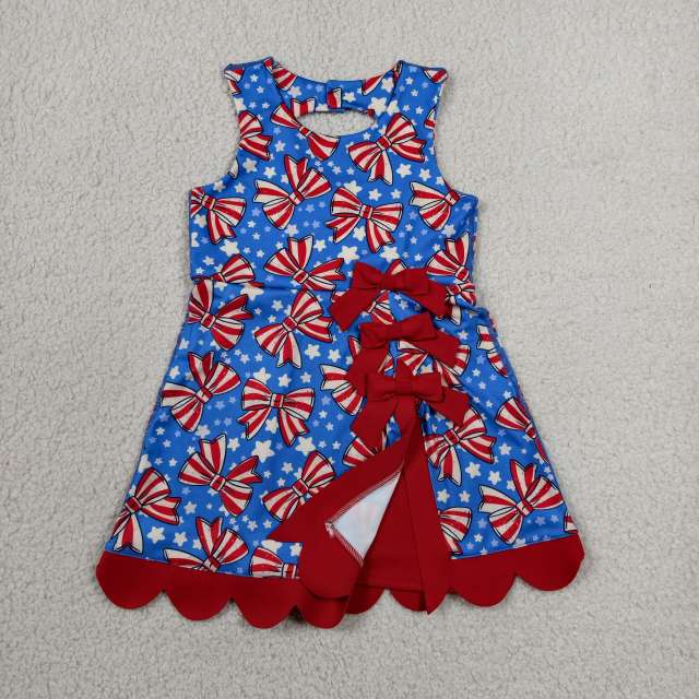 GSD3925  RTS 4th of july Red White stripe bows bows print active girl yoga dress