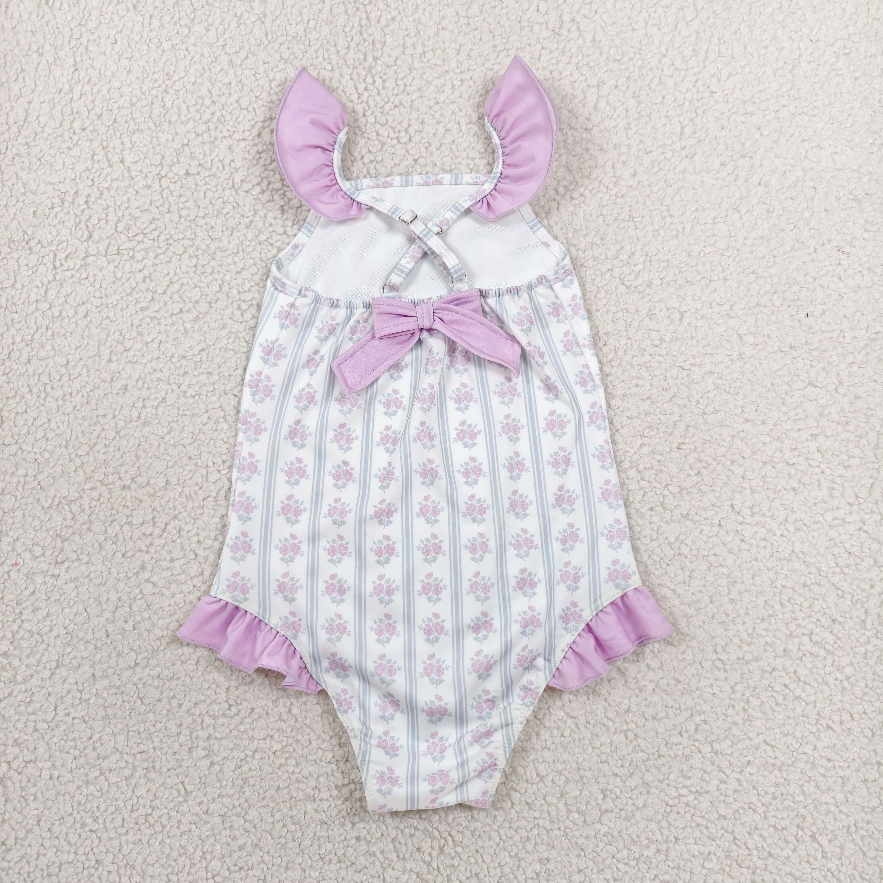 S0643 purple flowers stripe print girl sleeveless swimsuit