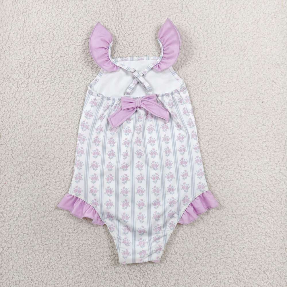 S0643 purple flowers stripe print girl sleeveless swimsuit