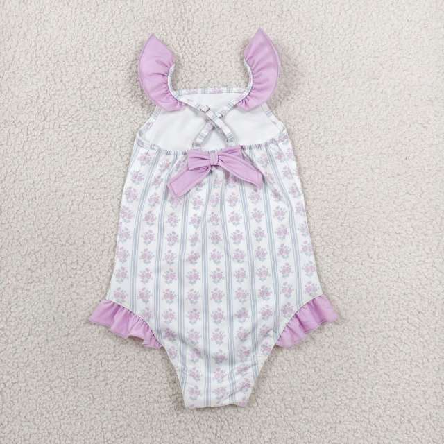S0643 purple flowers stripe print girl sleeveless swimsuit