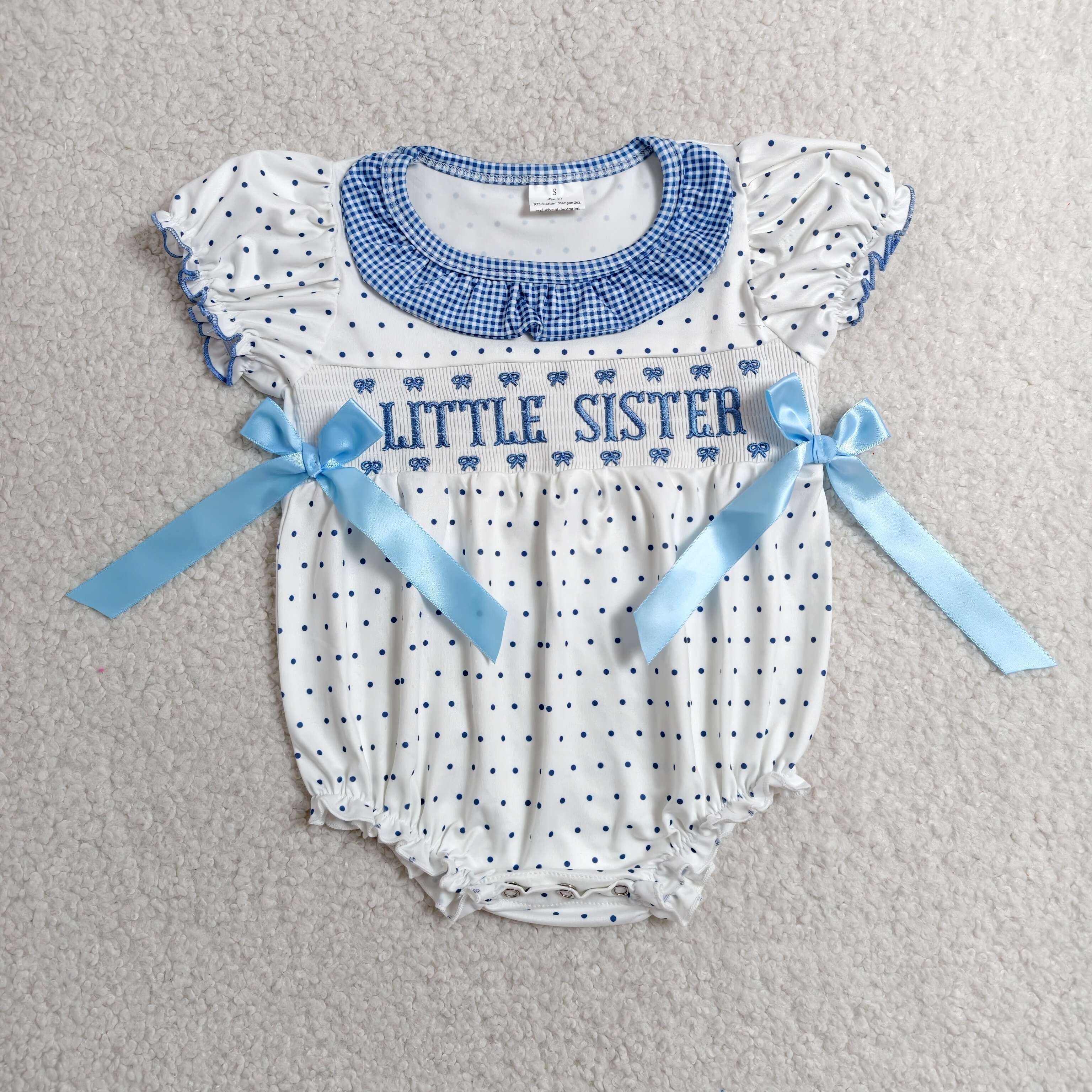 SR3981 RTS Girl Blue polka little  SISTER smock ruffle sleeve baby romper