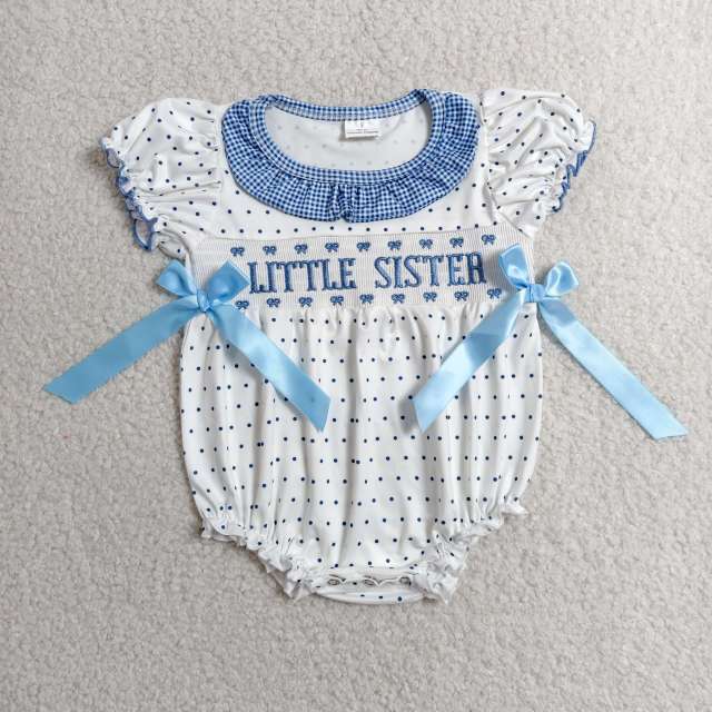 SR3981 RTS Girl Blue polka little  SISTER smock ruffle sleeve baby romper