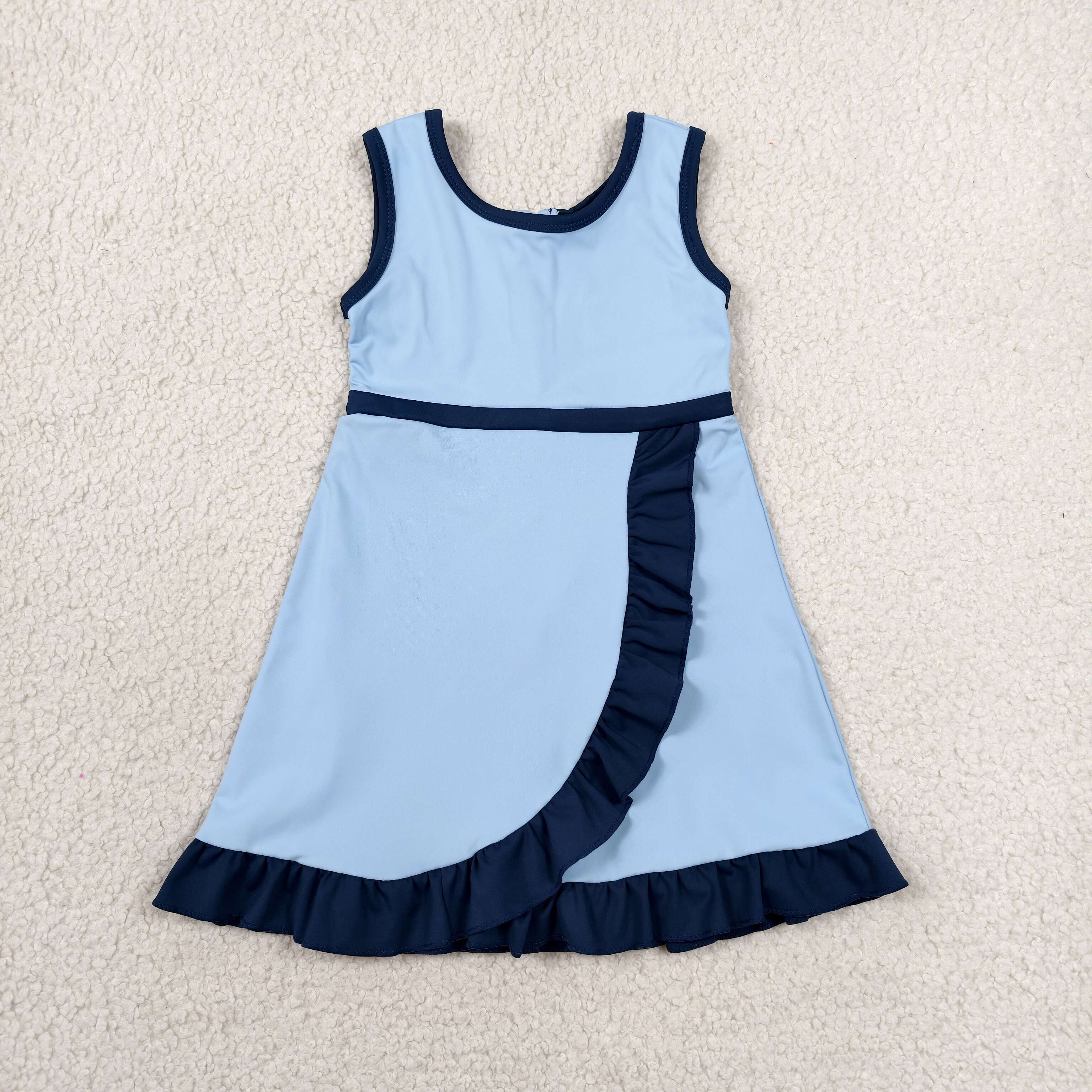 GSD4126 RTS sky blue solid navy trim print active girl yoga skirt dress