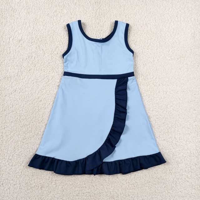 GSD4126 RTS sky blue solid navy trim print active girl yoga skirt dress