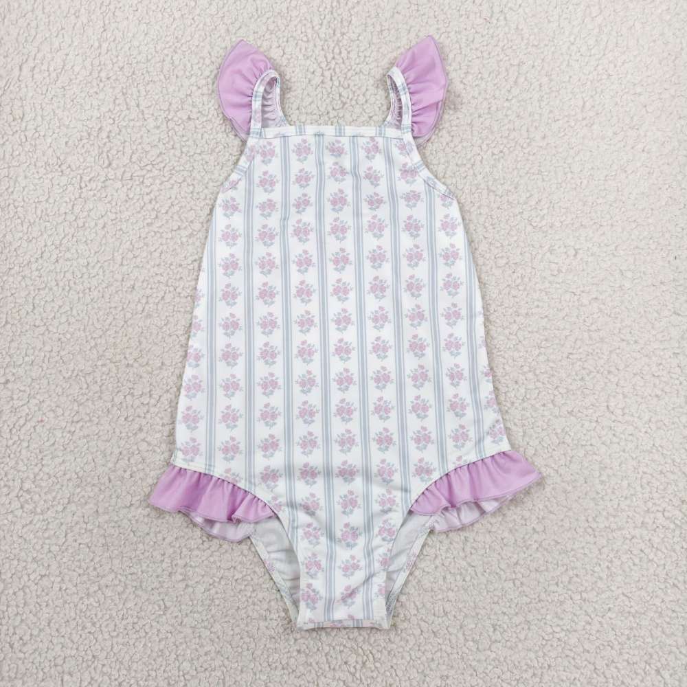 S0643 purple flowers stripe print girl sleeveless swimsuit
