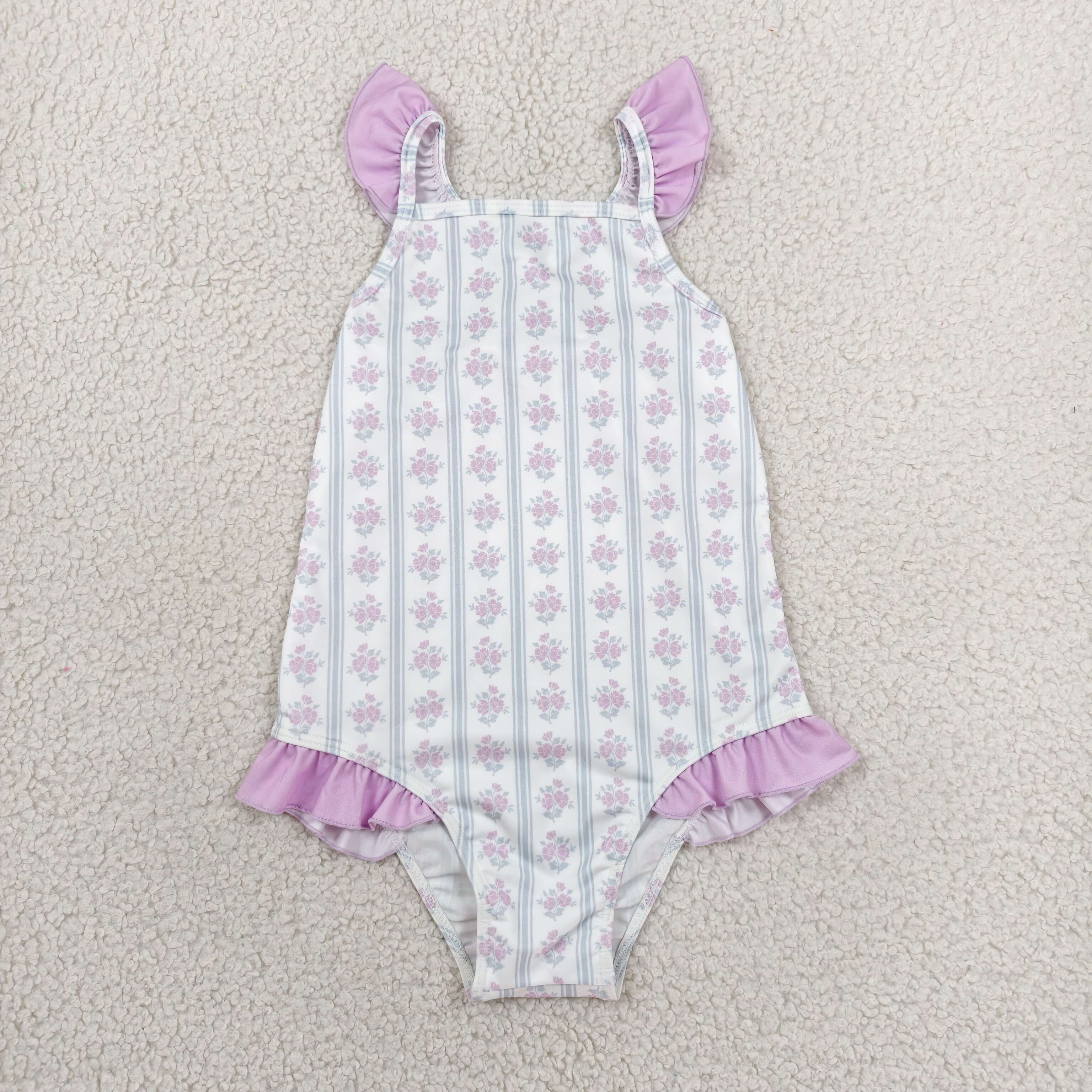 S0643 purple flowers stripe print girl sleeveless swimsuit