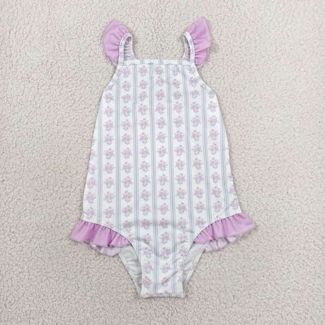 S0643 purple flowers stripe print girl sleeveless swimsuit