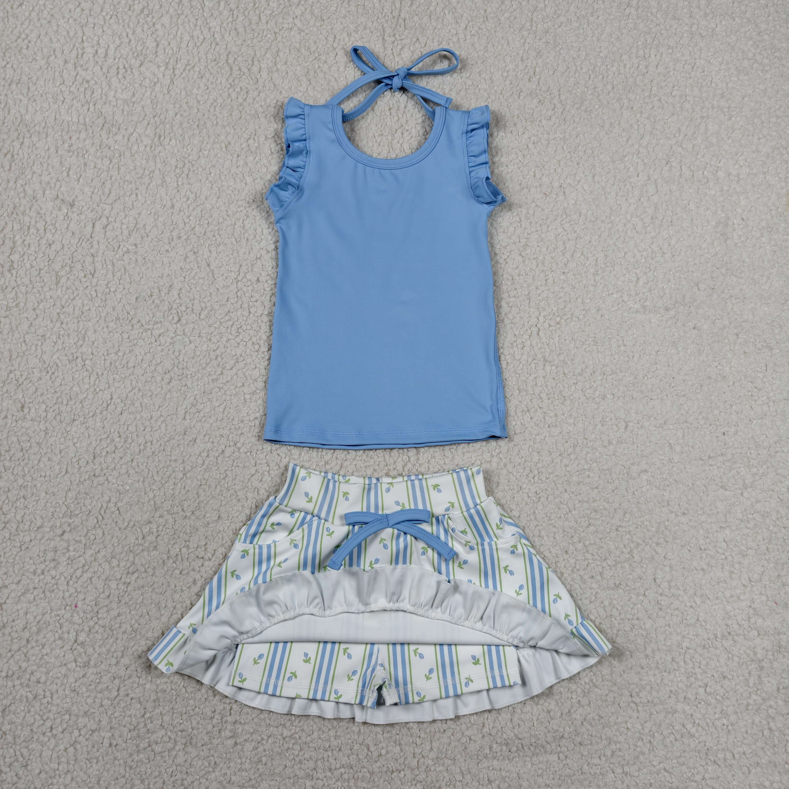GSD3906 RTS Blue solid leaves print active girl yoga skirt dress