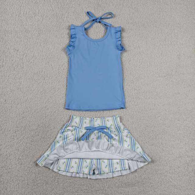 GSD3906 RTS Blue solid leaves print active girl yoga skirt dress