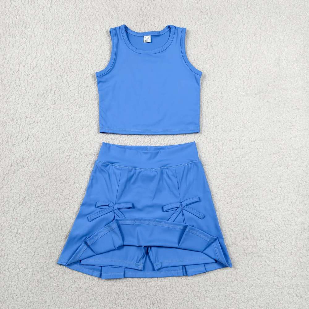 GSD3761  RTS Blue  solid print bows active girl yoga skirt dress