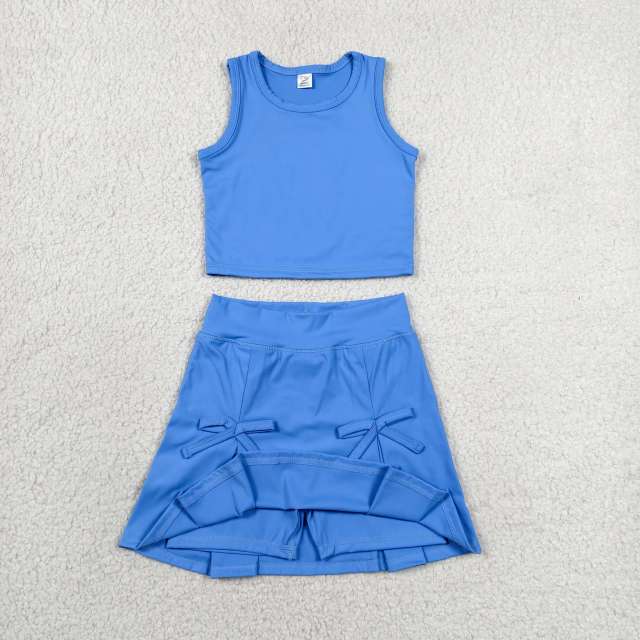 GSD3761  RTS Blue  solid print bows active girl yoga skirt dress