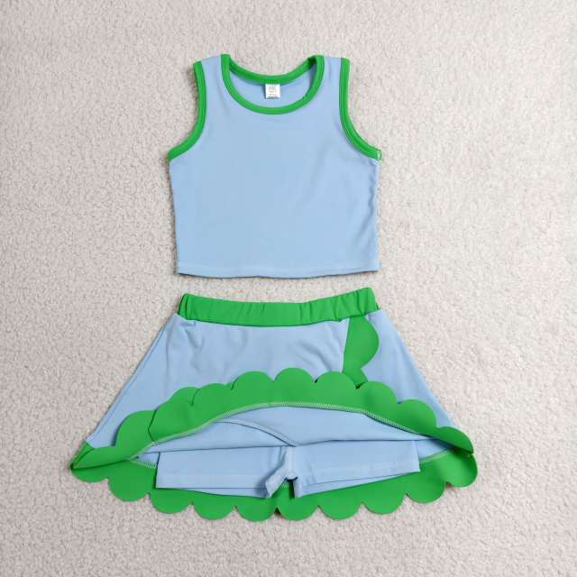 GSD4021 RTS SKY BLUE  solid GREEN TRIM print active girl yoga scallop skirt dress