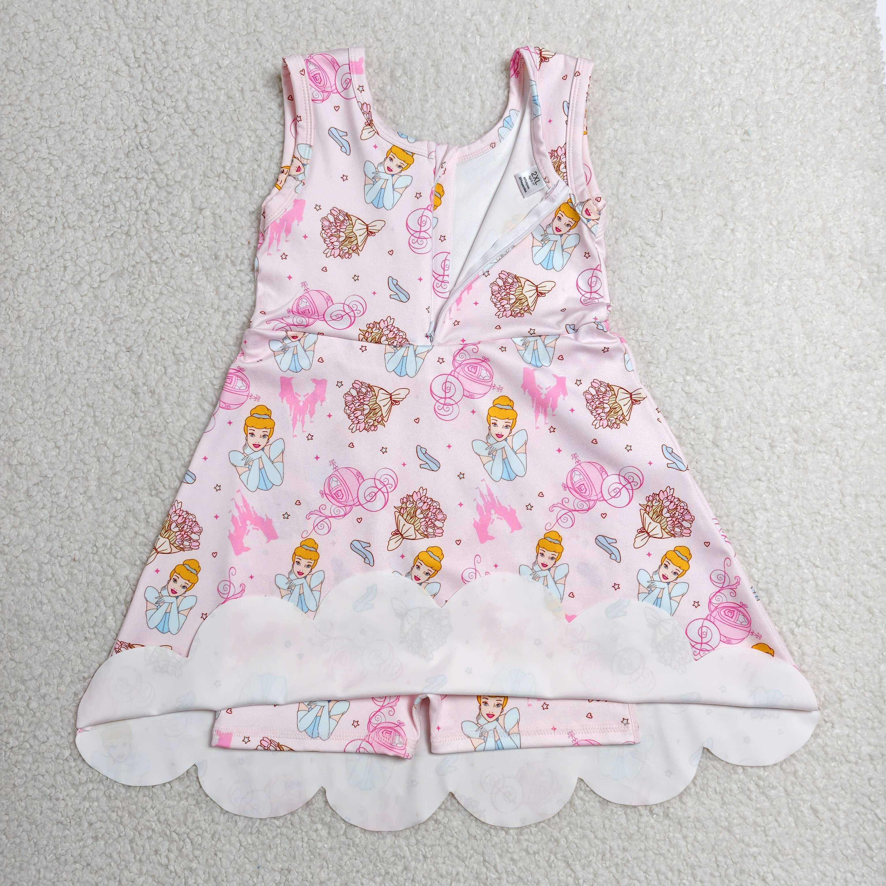GSD2489   RTS Pink princess print girl  summer scallop YOGA dress