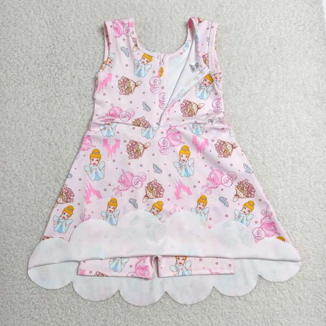 GSD2489   RTS Pink princess print girl  summer scallop YOGA dress