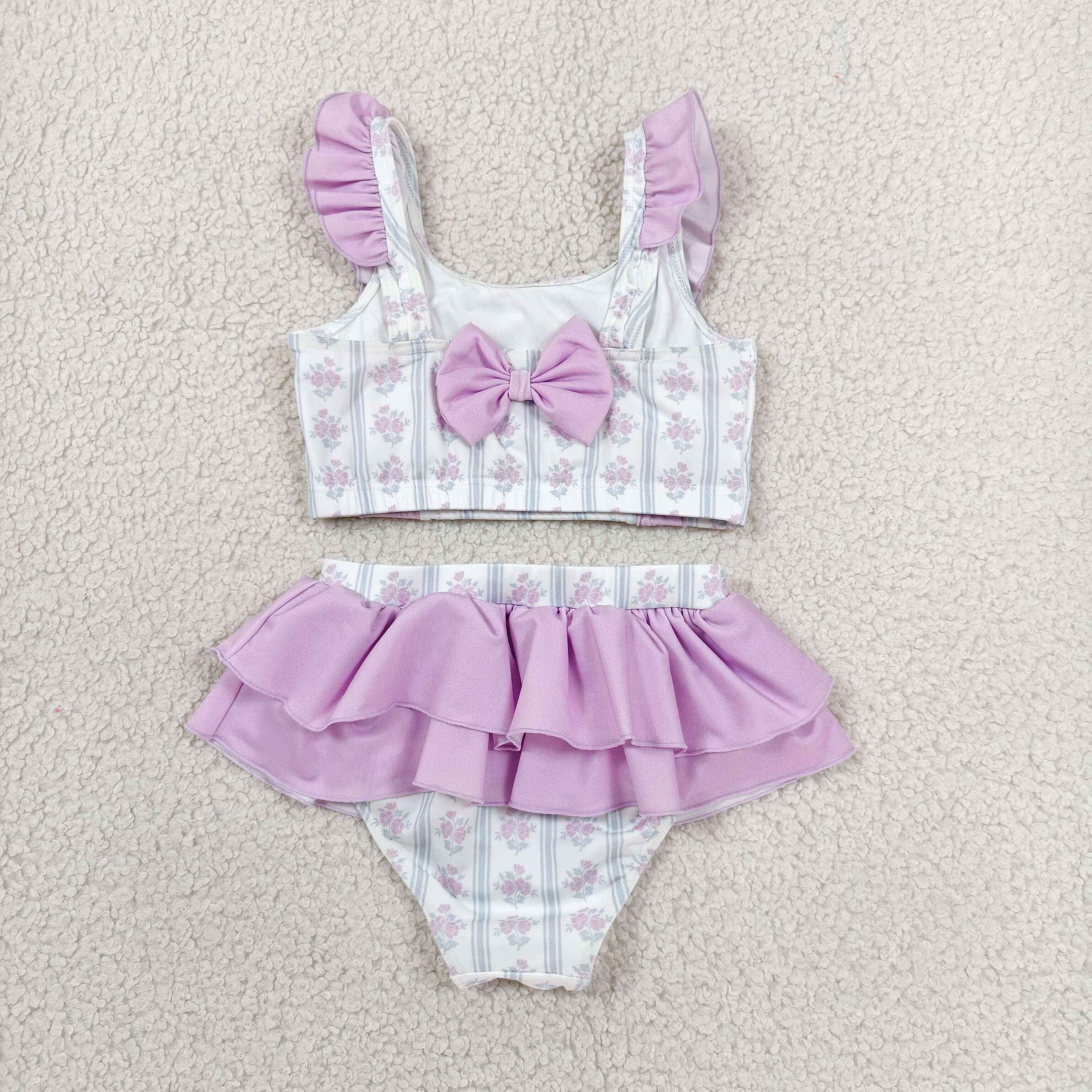 SS0038 Purple flowers bows print  sleeveless Swimwear