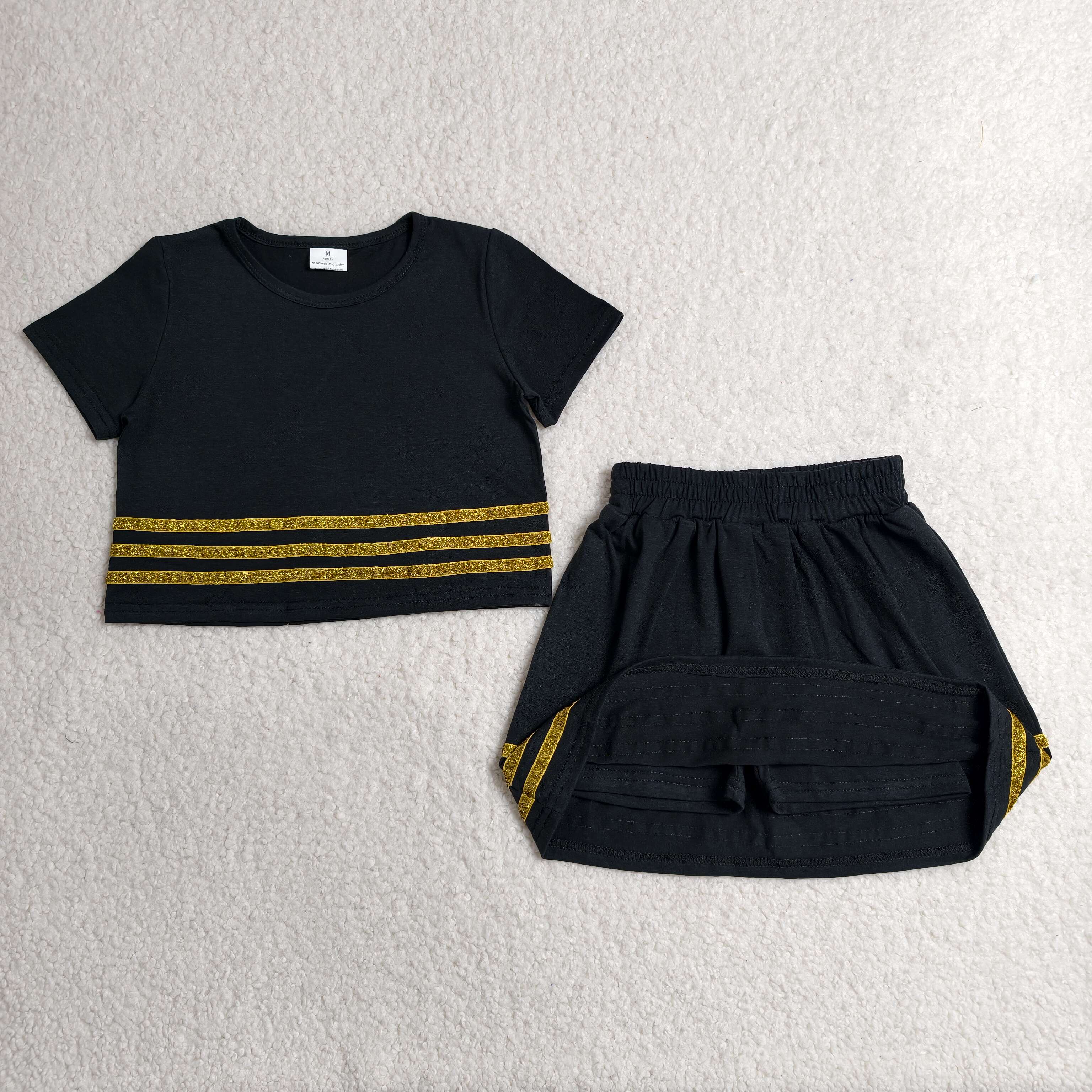 GSD4108 RTS black solid with yellow  sequin stripe active girl skirt dress
