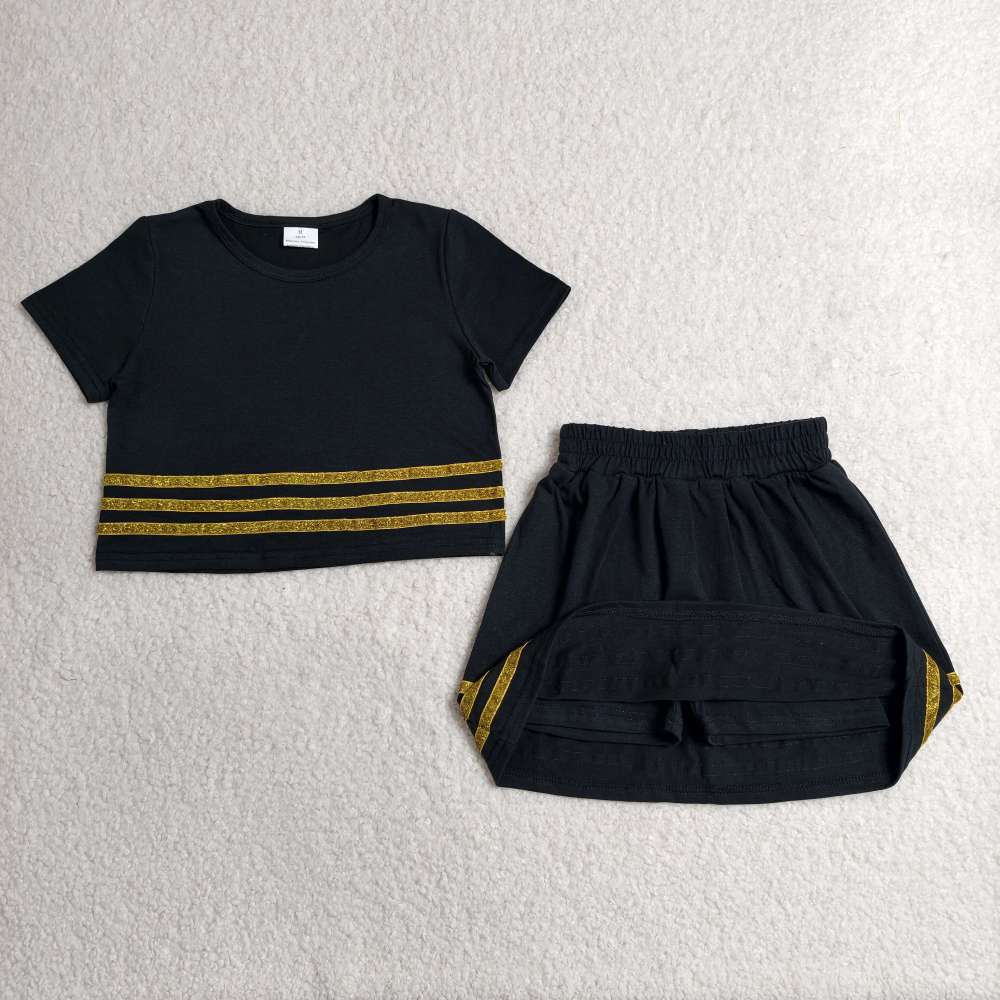 GSD4108 RTS black solid with yellow  sequin stripe active girl skirt dress
