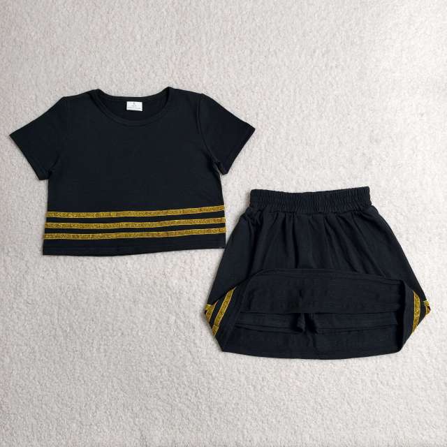 GSD4108 RTS black solid with yellow  sequin stripe active girl skirt dress