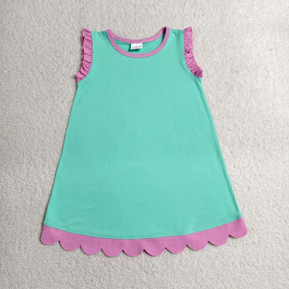 GSD4049  RTS  Cyan solid pink trim summer scallop dress