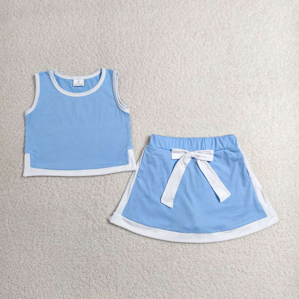 GSD3828 RTS Blue solid with white trim print active girl yoga skirt dress