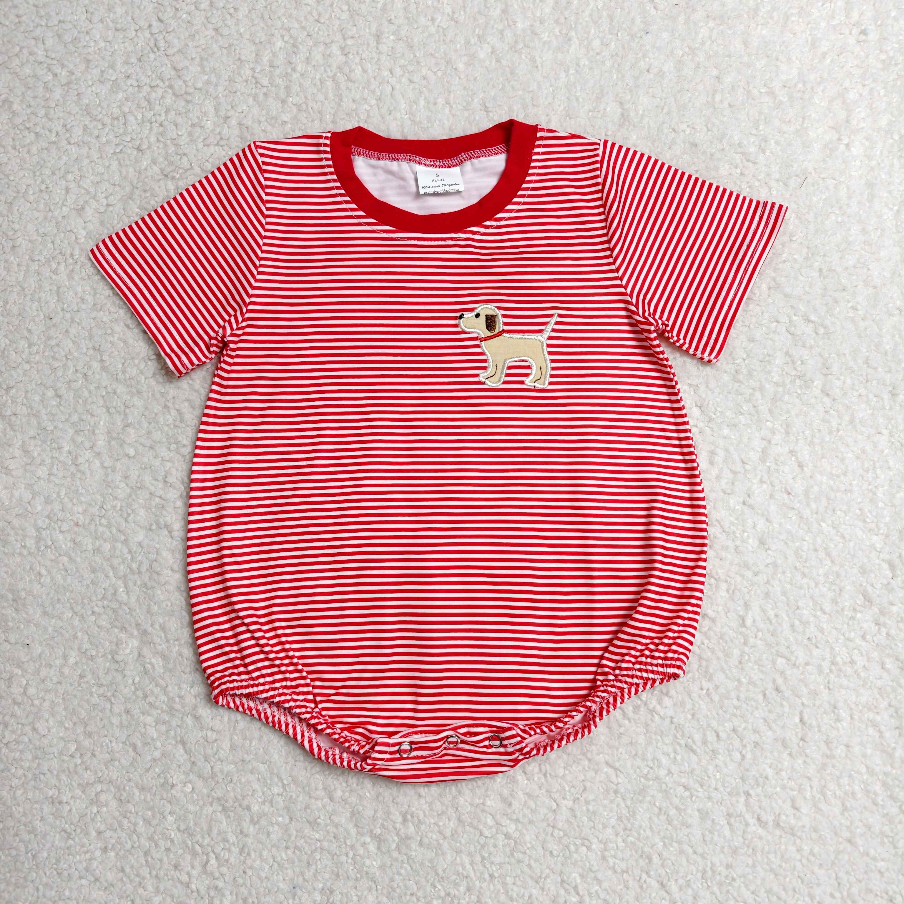 SR2286 Baby red stripepuppy  embroidery short sleeve Rompers