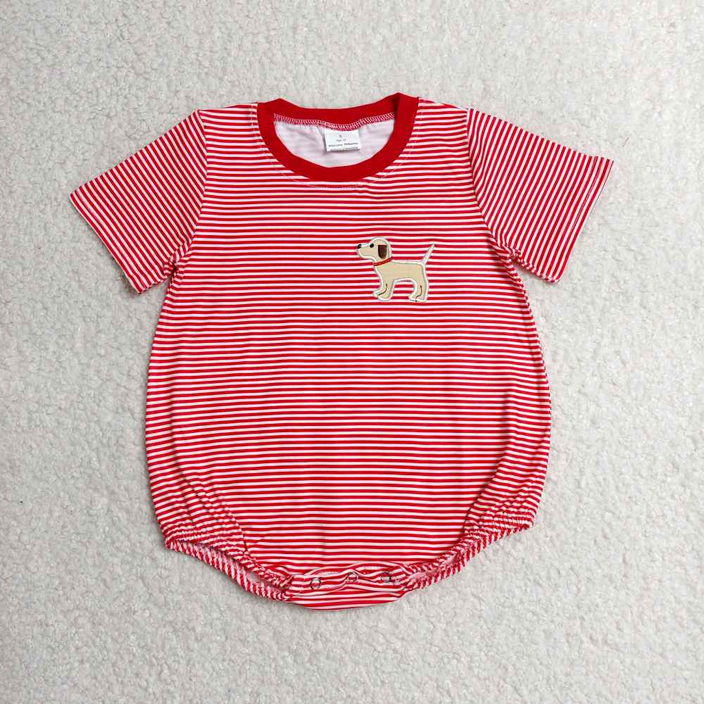 SR2286 Baby red stripepuppy  embroidery short sleeve Rompers