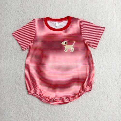 SR2286 Baby red stripepuppy  embroidery short sleeve Rompers