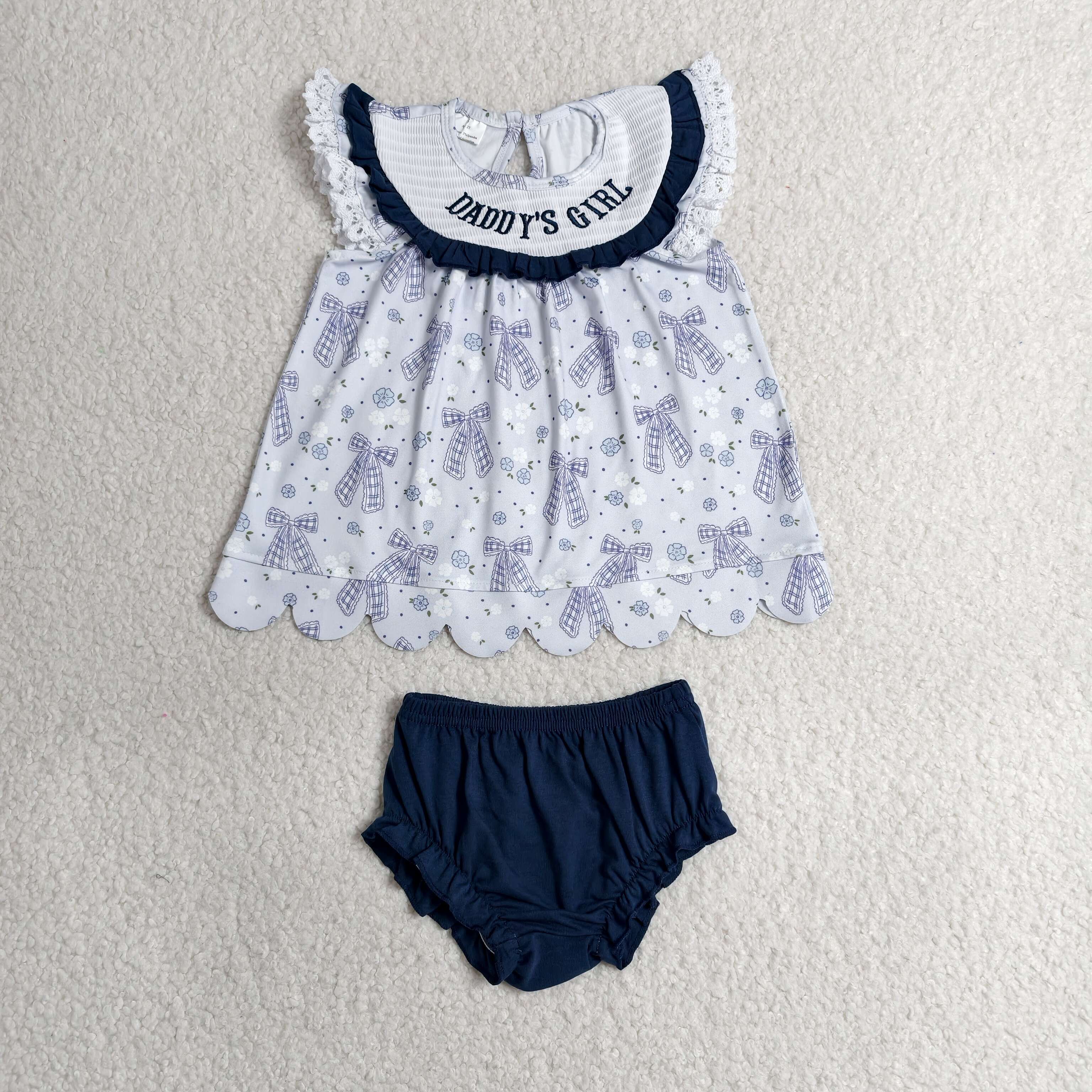 GBO0519 RTS Girl  Blue purple bows flowers daddy's girl smock  bummies