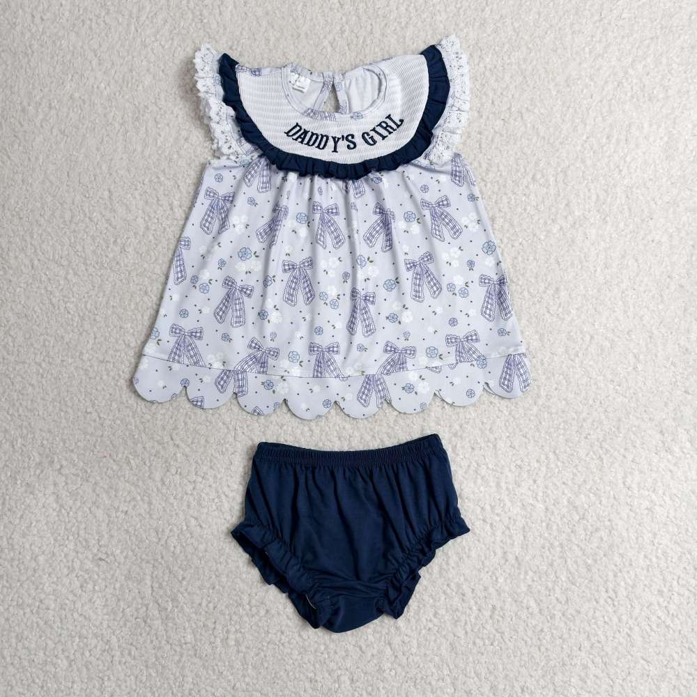 GBO0519 RTS Girl  Blue purple bows flowers daddy's girl smock  bummies