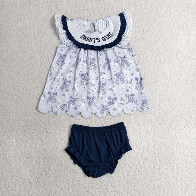 GBO0519 RTS Girl  Blue purple bows flowers daddy's girl smock  bummies