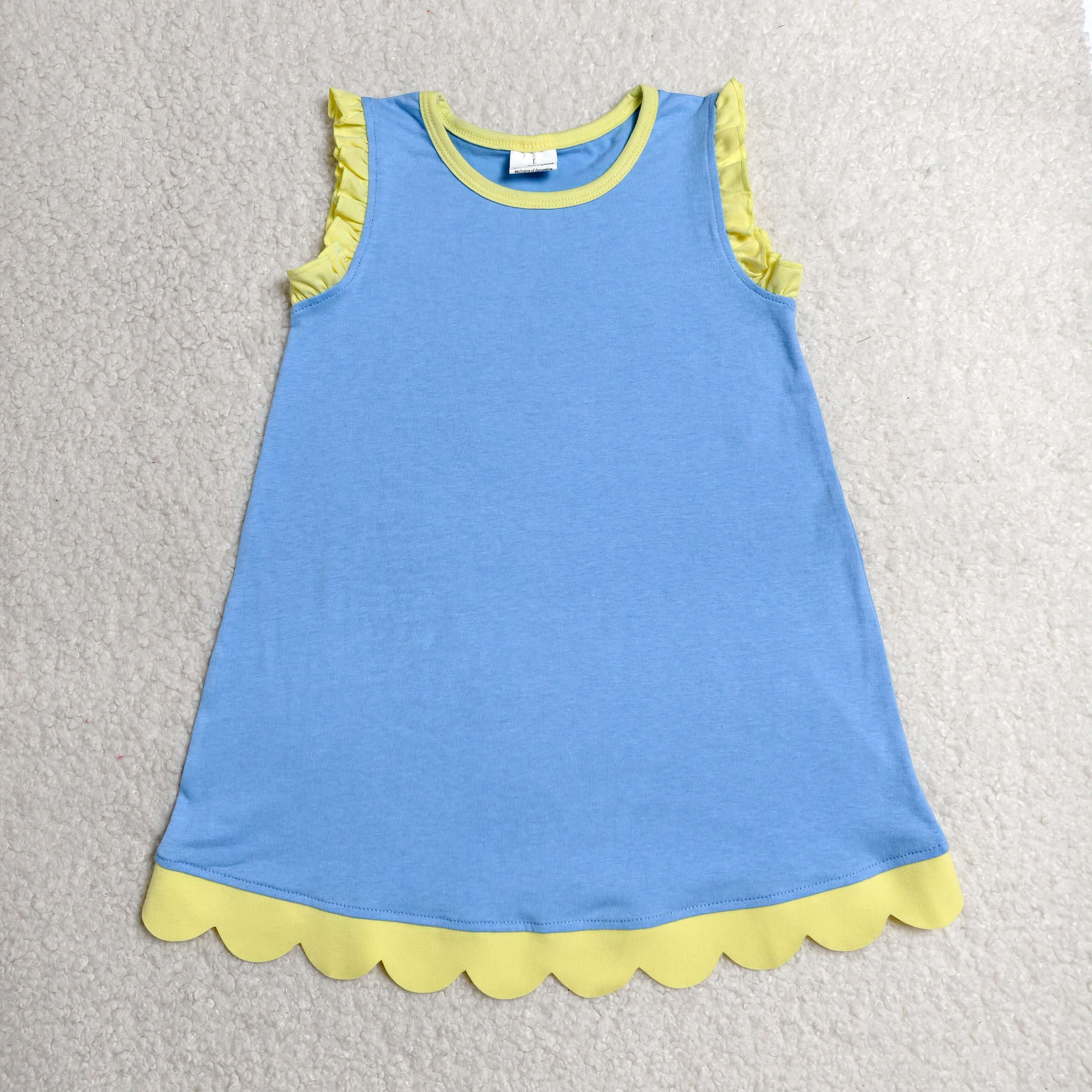 GSD4061  RTS  Blue solid yellow trim summer scallop dress