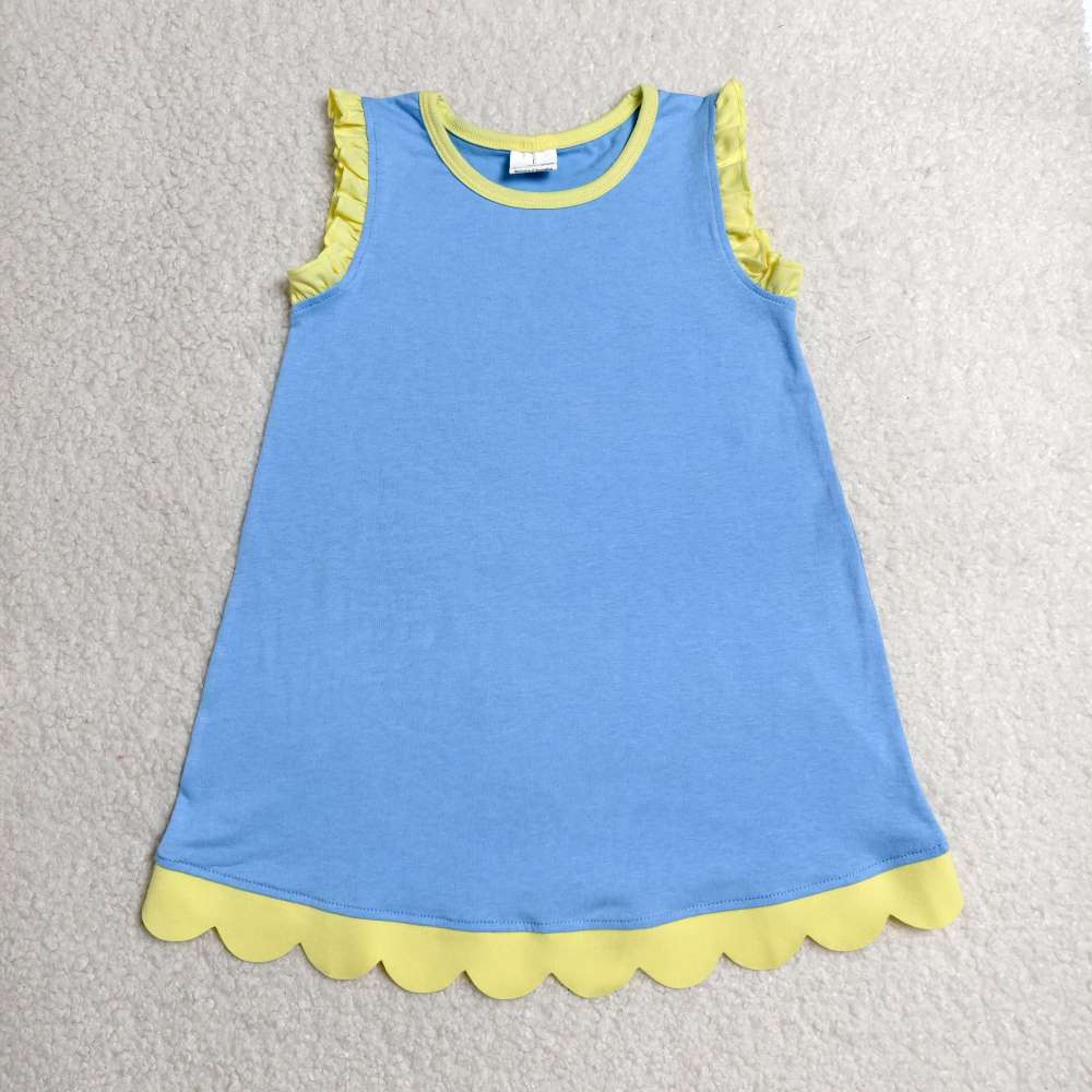GSD4061  RTS  Blue solid yellow trim summer scallop dress