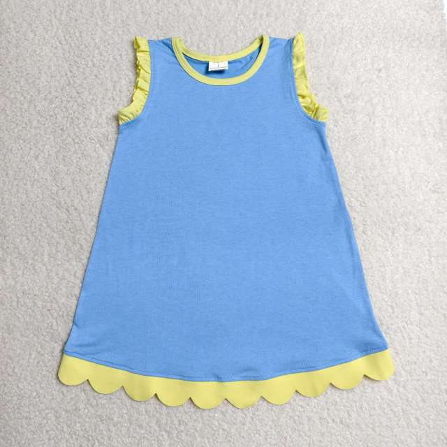 GSD4061  RTS  Blue solid yellow trim summer scallop dress