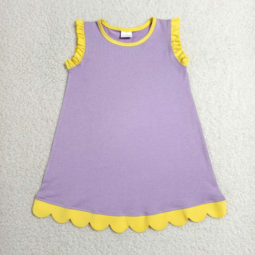 GSD4042  RTS  Purple solid yellow trim summer scallop dress